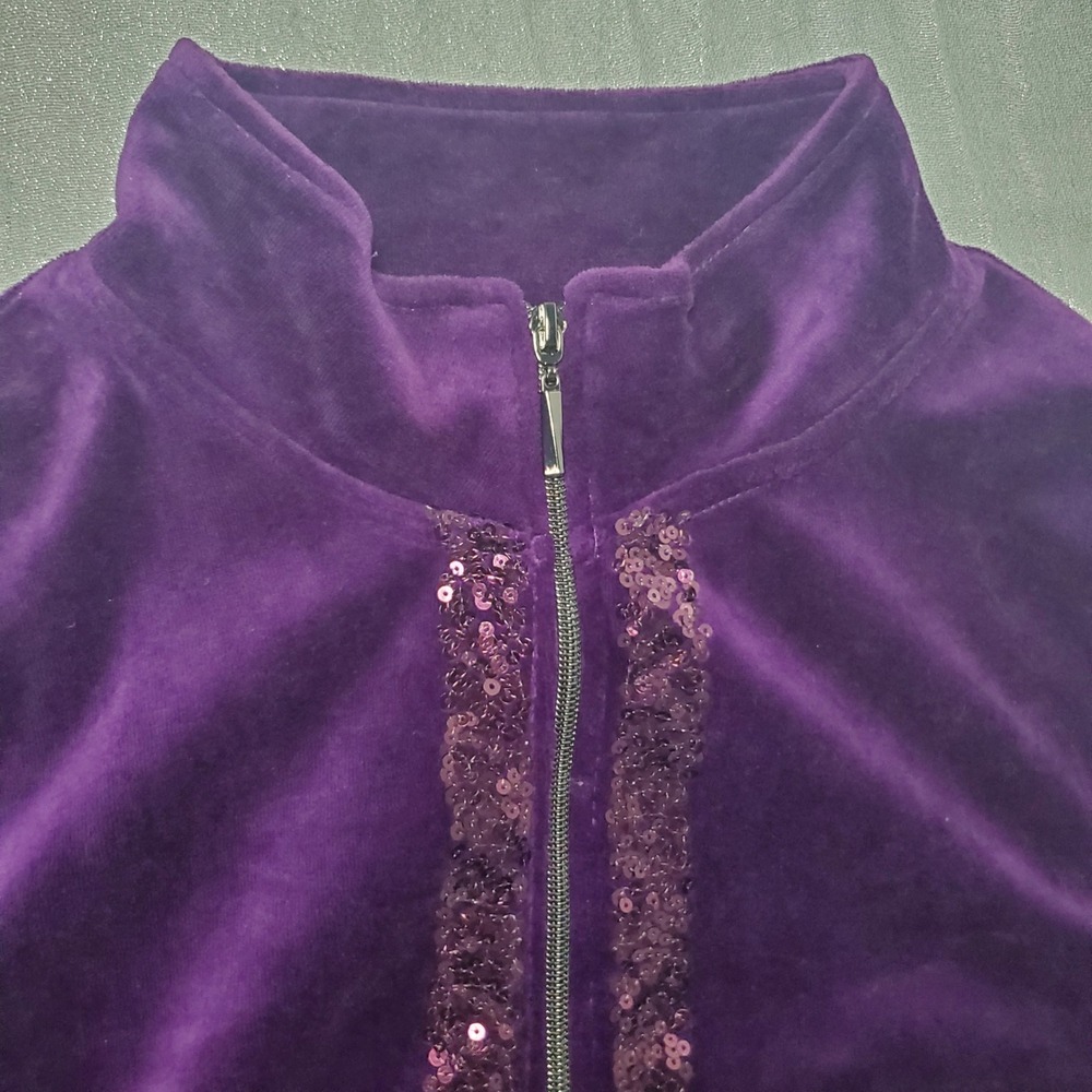 Onque Casual Purple Velour Sequin Trim Zip Up Jacket Women's Size L Grandma